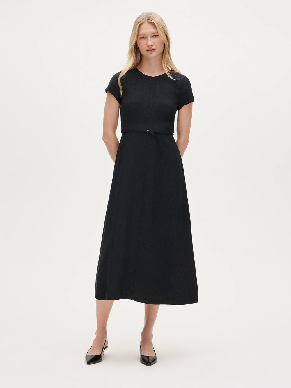 NWT J.Crew Mathilde Luster Canvas Black Belted A-Line Cap Sleeve Midi Dress 6